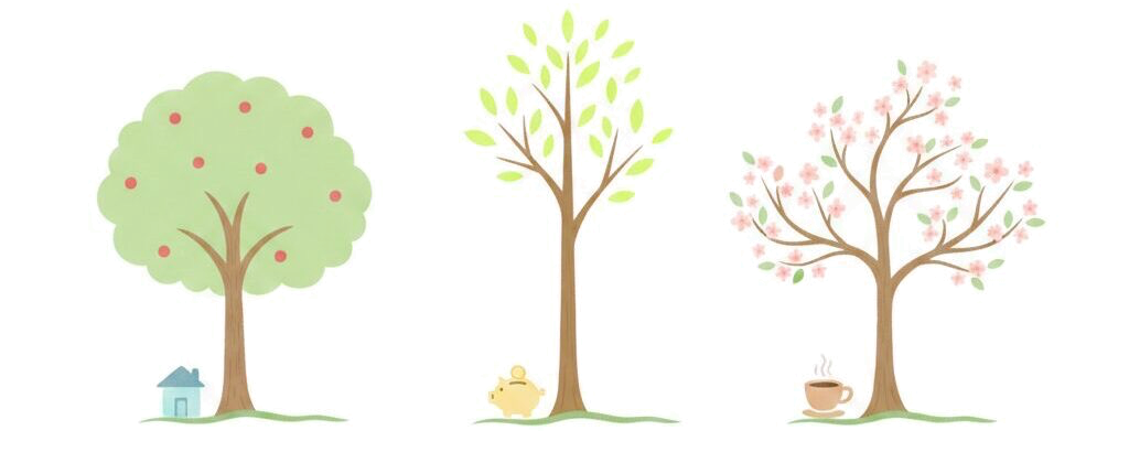 家・貯蓄・これからの暮らしを表す3本の樹のイラスト